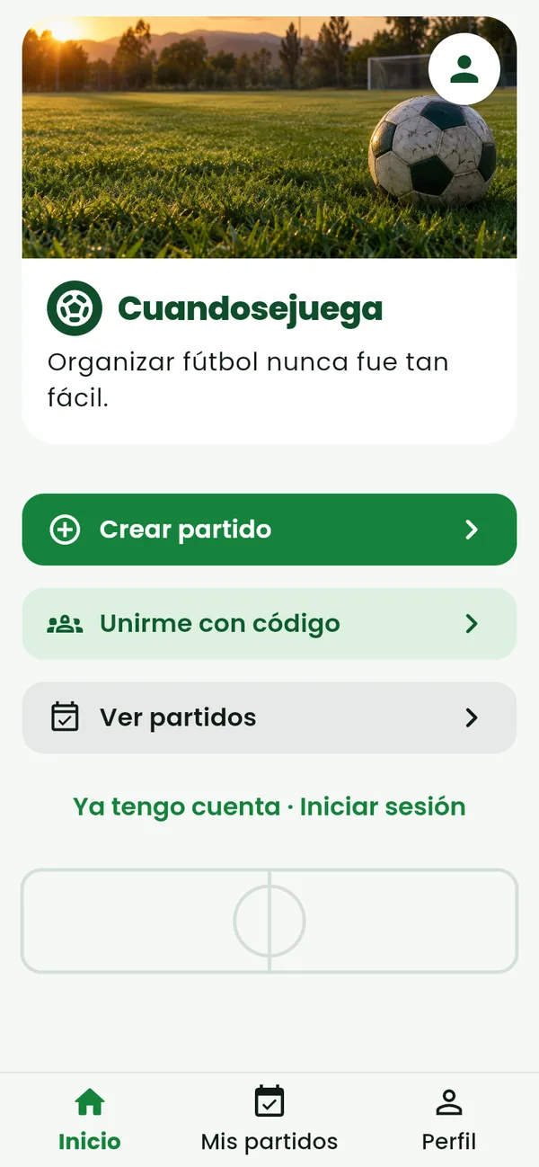 Home screen with the create match, join with code and view matches options