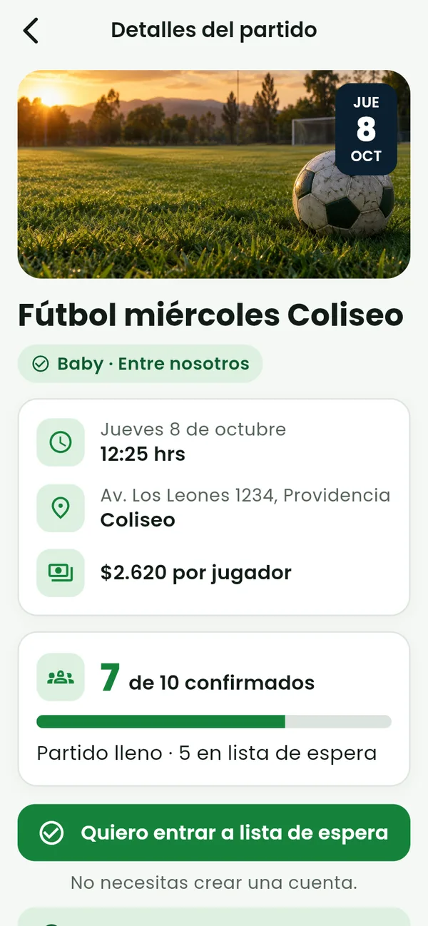 Details of a full match, with confirmed players and a waiting list