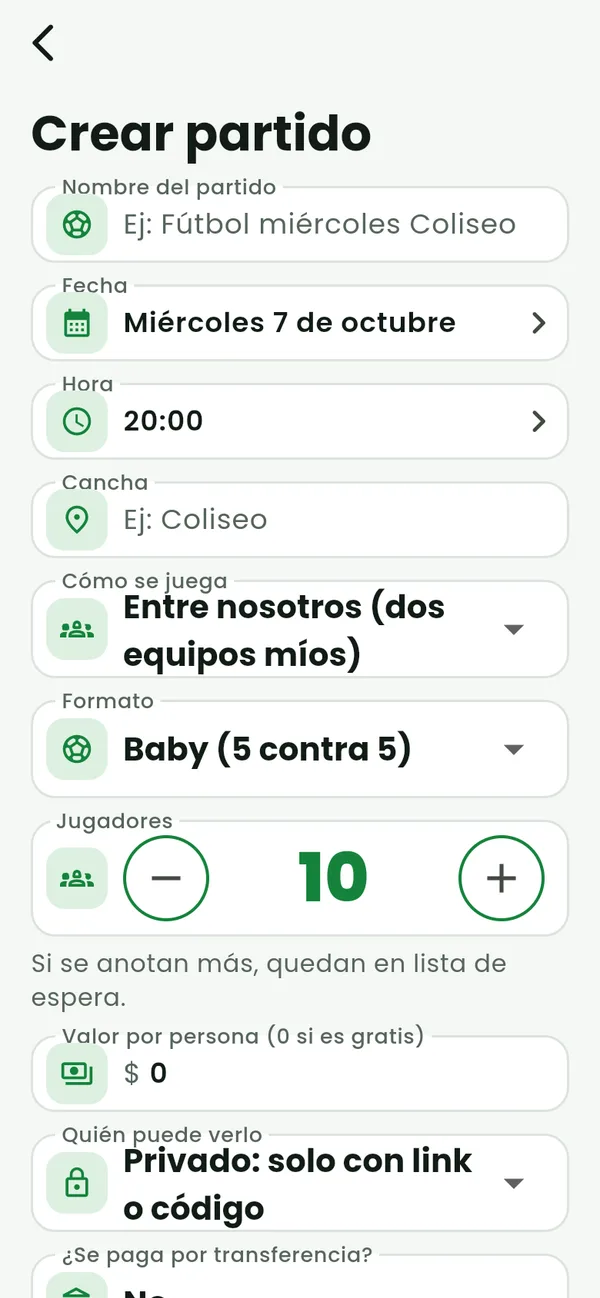Create match form: date, time, pitch, format and spots